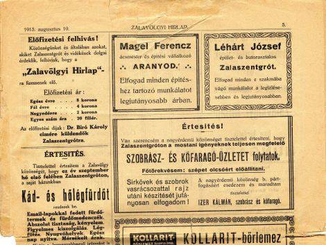 Korabeli hirdetések a zalaszentgróti sajtóból (Zalavölgyi Hírlap, 1913. augusztus 10. 5-6. p.)